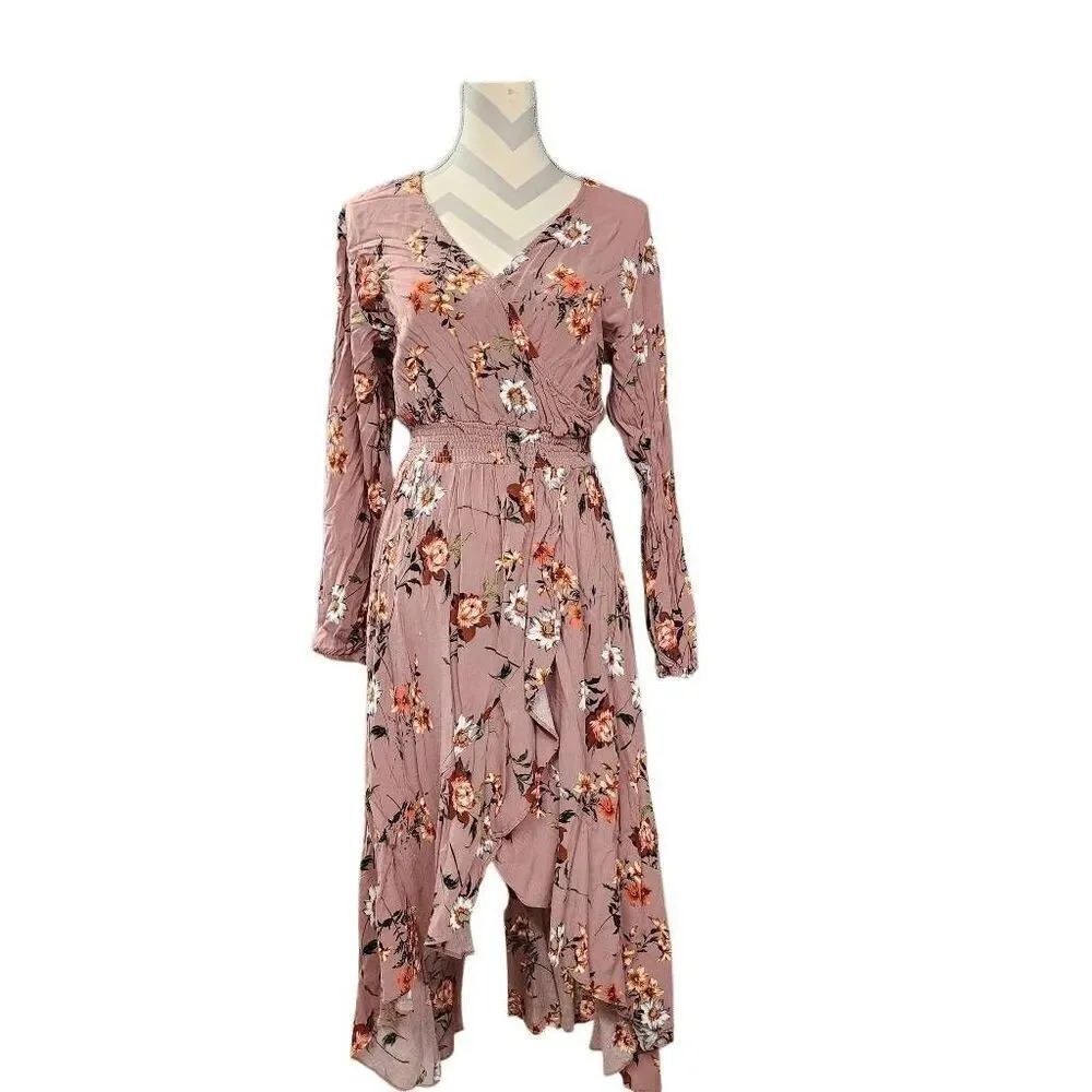Women's Size XL Blush Pink Floral Print Hi Low Maxi Dress Long-Sleeve Elastic Wa